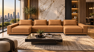 Sofá en Forma de U de Cuero Marrón Caramelo de Lujo con Estilo Contemporáneo, Generosa Disposición de Múltiples Asientos y Elegante Mueble de Salón - Product Image 3