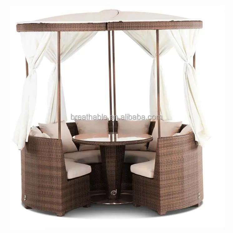 Estilo tropical praia restaurante lazer PE vime mobiliário conjunto rattan ao ar livre sofá redondo com dossel