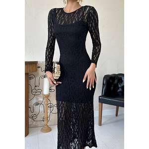 Vestido de satén al por mayor de manga larga con encaje negro, cintura imperio, formal, romántico, silueta en A, cuello corazón, talla XL - Product Image 2