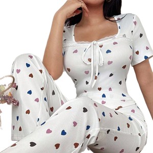 Conjunto de pijama acanalado con estampado de corazones para mujer, top con cuello cuadrado y lazo de encaje, pantalones de pierna ancha de cintura alta, ropa de descanso informal y dulce, tallas S-XL, varios colores - Product Image 5