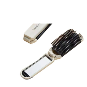 Portable Travel Small Foldable Hairbrush Compact Hair Brush with Mirror and Round Tip Nylon Bristles Hair Brush with Mirror