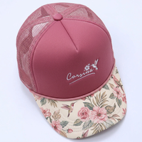 Gorra de camionero de espuma personalizada, rosa malva con estampado floral, visera con cuerda, malla trasera, bordado, visera curva, estructurada, estilo retro, gorra de béisbol