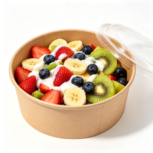 Food Safe <b>Disposable</b> Eco Friendly Kraft Round Paper <b>Bowl</b> Lid Wholesale Biodegradable Camping Takeaway Packaging for Fruit Salad - Product Image 2