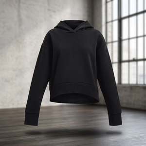 Sudadera con Capucha Negra para Mujer, Color Sólido, Manga Larga, Corte Recortado, Tejido de Algodón, Estilo Casual Otoñal - Product Image 3