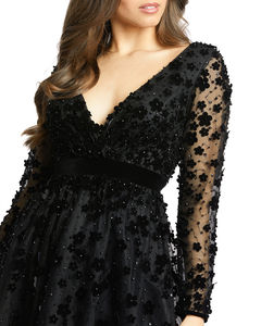 Nouvelle <span class=keywords><strong>robe</strong></span> <span class=keywords><strong>de</strong></span> <span class=keywords><strong>soirée</strong></span> élégante pour femme, noire, à manches longues, en velours, avec application florale, coupe trapèze - Product Image 3