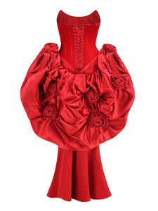 SB3354 Abito da Sera <span class=keywords><strong>Rosso</strong></span> di Lusso con Fiori 3D e Mantella Spalle Scoperte in <span class=keywords><strong>Velluto</strong></span> Abito da Festa di San Valentino Aderente in Raso - Product Image 3