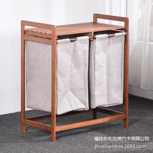 Panier à linge double compartiment en bambou et toile, support de rangement vertical pour vêtements, design simple - Product Image 4