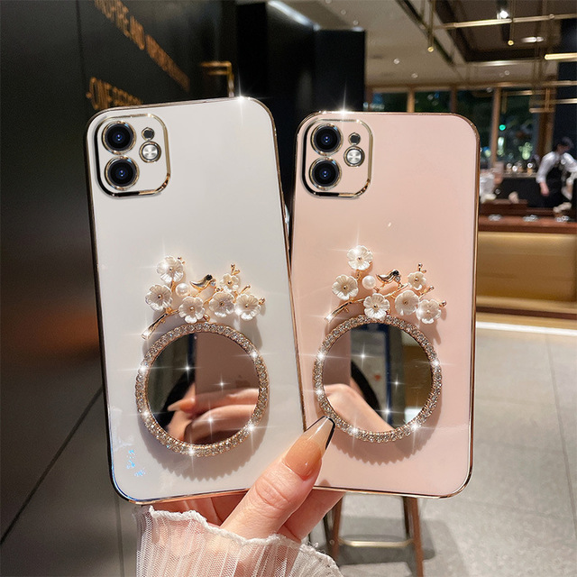 Korean Flowers Glitter Mirror Plating Phone Case for Samsung Galaxy S22 S21 S23 S24 Ultra Plus Soft Shockproof Silicone Cover