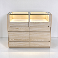 Vitrine optique autoportante en bois de chêne clair avec dessus en verre, dix tiroirs et éclairage LED, certifiée CE ETL pour magasin d'optique