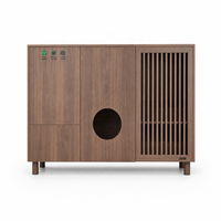Meuble intelligent pour animaux de compagnie couleur noyer, maison en bois pour chat avec lit, bac à litière et rangement, contrôle via application OTA