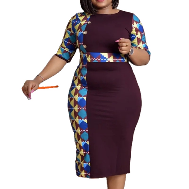 kitenge dress fashions Womens Kitenge, African Print Midi Length, Ankara Dresses, Modest Church Dress Orange Multicolor Double Pocket Slitted Dress main image 0