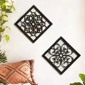 2 buah bunga Nordic Mandala seni dinding kayu berongga ornamen ukiran bunga Boho gambar Panel tanda dinding hadiah dekorasi rumah ruang tamu