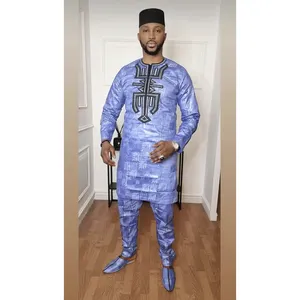 H & D New Style African Men Bazin Riche Clothing Men Embroidery Top And Pants Trousers 2 Pieces Suit Clothes