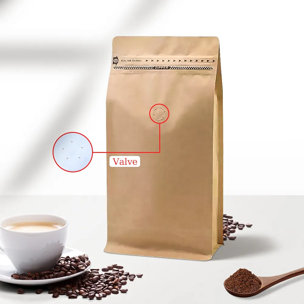 Biodegradable recycled Custom 1kg coffee bags valve Kraft Paper flat bottom Bag Zipper resealable coffee bags with valve