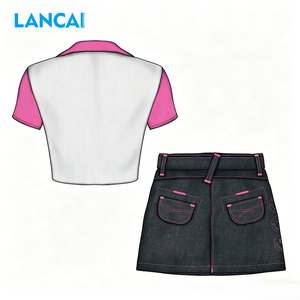 LANCAI Women's 2 Piece Outfit Colorblock Polo V-Neck Crop Top + Pink Stitched Denim Mini Skirt <b>Set</b> Casual Y2K Streetwear Matchin - Product Image 2