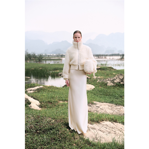 Nouvelle veste bomber élégante pour femme ODM ARI en mohair avec garniture en cuir, col montant, fermeture éclair, vêtement d'extérieur pour femme pour l'hiver décontracté - Product Image 1