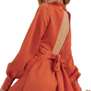Robe élégante pour femme en satin vintage plissé au niveau du cou et de la taille, manches longues, dos ouvert avec nœud - Product Image 4