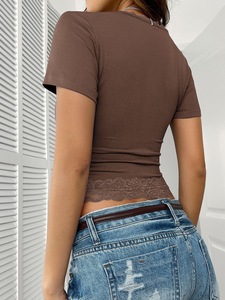 Top a strati sexy da donna 2026 Hot Sale, maglia semplice a tubino, traspirante, slim fit, in poliestere con finiture in <span class=keywords><strong>pizzo</strong></span> - Product Image 3