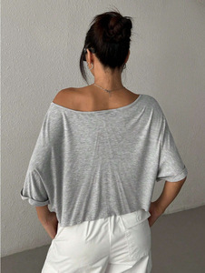 Camiseta Corta Holgada para Mujer, Cuello Redondo, Manga Corta, Color Sólido, Estilo Casual de Verano - Product Image 5