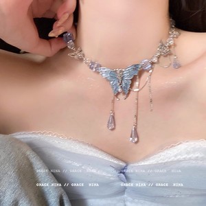 Korean Heavy Industry Blue Crystal Minimalist <b>Necklace</b> Women's <b>Long</b> Tassel High-end Clavicle Chain Electroplated X1894 Silver Ko - Product Image 3