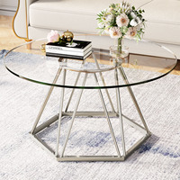 Table Basse de Salon de Luxe Contemporaine et Moderne en Verre Ronde avec Cadre Métallique Hexagonal pour Salon et Bureau