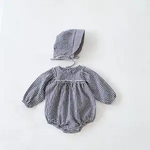 Hot summer toddler cute girls sweet plaid long sleeve with hat solid color children's crawling suit romper