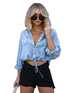 Maglia corta invernale da donna a mezze maniche lunghe arrotolate Jeans Color abito con bordo inferiore con coulisse giacca in Denim camicia da donna - Product Image 1