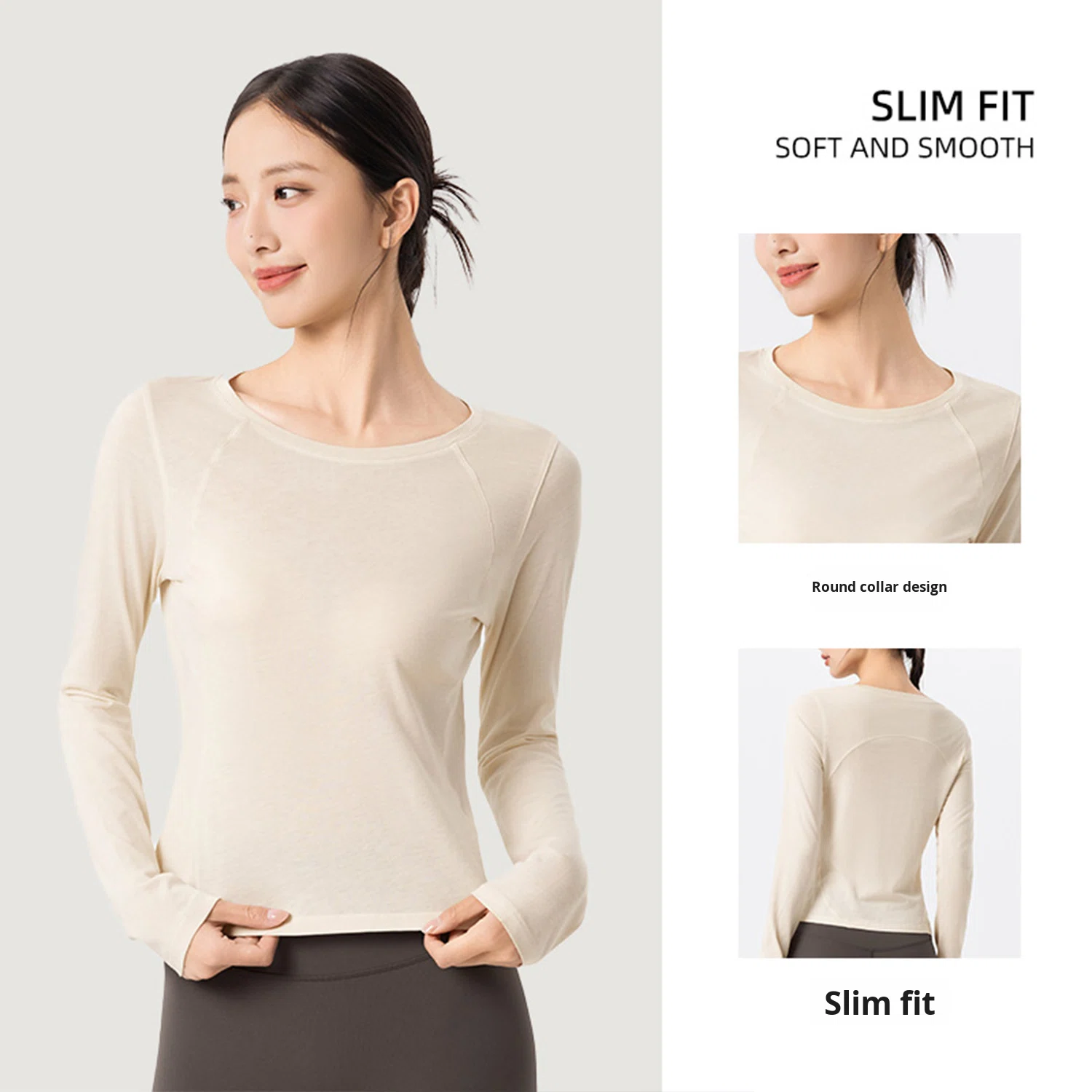 Cross-border Crew Neck Breathable Lightweight Quick Dry Four-Way Stretch Solid Yoga Pilates Fitness Clothes Long-sleeved Women's