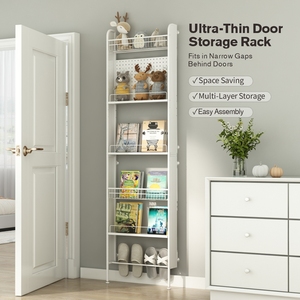 Slim Metal Shelving <strong>Unit</strong> with Pegboard Hooks Adjustable Feet and Suction Cups for Bathroom Bedroom Door Gap <strong>Storage</strong> - Product Image 2