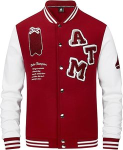แจ็คเก็ตวาร์ซิตี้ผู้ชายแบบ OEM สกรีนโลโก้ตามสั่ง สีแดงและขาว แขนเสื้อตัดกัน ปักลายเชนิลล์ แจ็คเก็ตบอมเบอร์วาร์ซิตี้สำหรับสโมสร - Product Image 1