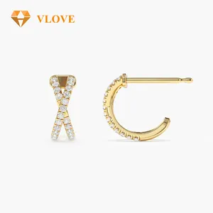 VLOVE Bijoux fins Bijoux en diamant pour femmes Boucles d'oreilles en diamant pavé croisé en or massif 14 carats