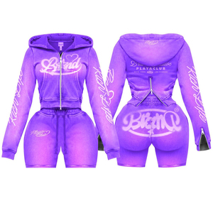 Conjunto de Sudadera Corta y Pantalones Cortos Verdes para Mujer, Transpirable, de Forro Polar Ecológico, con Cremallera de Manga Larga, Estampado de Encaje, 2 Piezas, Poliéster y Algodón - Product Image 4