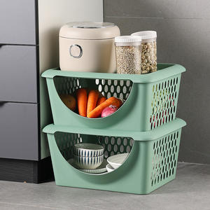 Green Rectangle Kitchen <b>Storage</b> <b>Basket</b> With Handle For Fruit Vegetable Organizing <b>Large</b> Size Plastic Stackable Container - Product Image 2