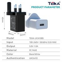 Pengisi Daya USB 5V 1A UK Bersertifikasi BS UKCA, Colokan 3 Pin, Ringkas, Aman, Efisien untuk Ponsel, Earbud, Pilihan OEM