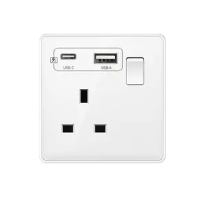 White 18W Type-C Plug Quick Charging Uk 13A Usb C Wall Socket, Electrical Outlet with USB, Universal 5-pin Power Socket