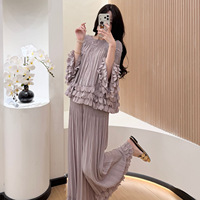 Ensemble deux pièces haut et pantalon Miyake plissé, printemps, ample, uni, sans col, manches pétales de perle, style féerique et doux