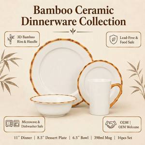 Service de table 16 pièces <span class=keywords><strong>en</strong></span> porcelaine New Bone China avec rebord <span class=keywords><strong>en</strong></span> <span class=keywords><strong>bambou</strong></span> 3D <span class=keywords><strong>en</strong></span> relief, texture réaliste, <span class=keywords><strong>assiettes</strong></span>, bols et tasses pour repas asiatiques - Product Image 4