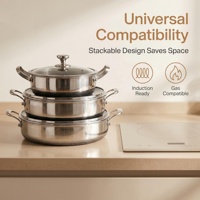 Ensemble de 3 poêles antiadhésives en acier inoxydable alvéolées de qualité supérieure, avec double poignée, pour sauter et frire, batterie de cuisine à induction 3 couches avec couvercle en verre