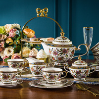 15PCS Set Kopi Bone China Motif Bunga Biru Eropa untuk 6 Orang, Keramik Elegan dengan Lis Emas, Minimalis Modern