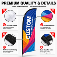Drapeau publicitaire personnalisé en tissu 110g, impression HD 110%, résistant au vent 35mph, kit complet de fixation, base lestée, bannière extérieure