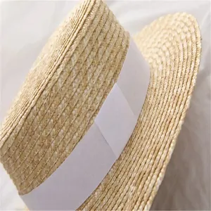 Alta calidad de moda plana superior Jazz Boater sombrero mujeres ala ancha trigo Tailandia cubano paja visera sombrero proveedor con cinta - Product Image 5