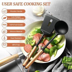 Juego de utensilios de silicona con logotipo personalizado, mango de madera, sin BPA, herramientas de cocina, venta al por mayor directa de fábrica para marca privada - Product Image 5