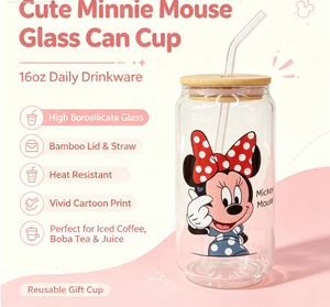 Mug en <span class=keywords><strong>verre</strong></span> borosilicate de haute qualité avec impression de dessin animé <span class=keywords><strong>Minnie</strong></span>, couvercle en bambou, paille, résistant à la chaleur, passe au lave-vaisselle et au micro-ondes, marque Wuso - Product Image 1