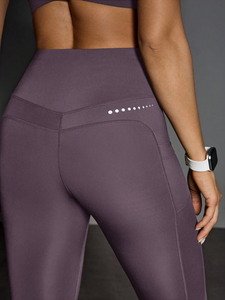 Leggings Yoga a Vita Alta, Lunghi, Viola Tinta Unita, con Tasche, Senza Cuciture, Traspiranti, Elasticizzati in Quattro Direzioni, Taglia XXL - Product Image 6
