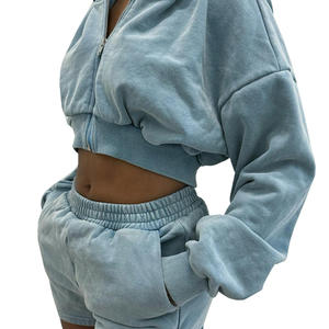 Ensemble de survêtement deux pièces personnalisé pour femme en coton délavé avec fermeture éclair, sweat-shirt court et short de jogging, ensemble deux pièces pour femme - Product Image 1