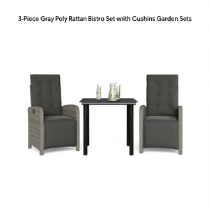 Ensemble bistrot en polyrotin gris avec coussins, 2 places, mobilier de jardin extérieur, design contemporain - Product Image 1