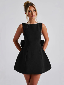 Nouvelle Robe Femme Coupe Slim avec Nœud Perlé, Taille Ajustée, Dos Nu, Coupe Trapèze, Couleur Unie, Style Tendance - Product Image 6