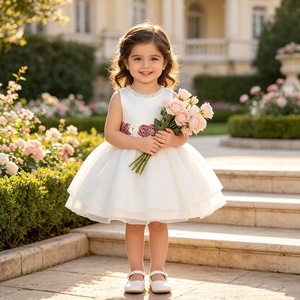 MQATZ Nuevo Estilo Vestido <span class=keywords><strong>de</strong></span> Gasa Doble Capa con Lazo <span class=keywords><strong>de</strong></span> Malla y Mezcla <span class=keywords><strong>de</strong></span> Algodón sin Mangas con Rosas 3D para Bebés - Product Image 3