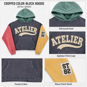 เสื้อฮู้ดดี้ผู้ชายสไตล์สตรีทแวร์ทรงโอเวอร์ไซส์ ผ้าฝ้าย 100% 450 GSM ตกแต่งด้วยผ้าปะต่อสีสันแบบคัลเลอร์บล็อก พร้อมลายปักเชนีลล์ ดีไซน์ดิสเทรส ทรงบ็อกซี่ - Product Image 3