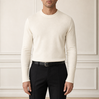 Pull tricoté personnalisé OEM pour homme, col rond, manches longues, poignets côtelés, anti-plis, fin, design sur mesure, couleur ivoire, collection automne, fabrication usine